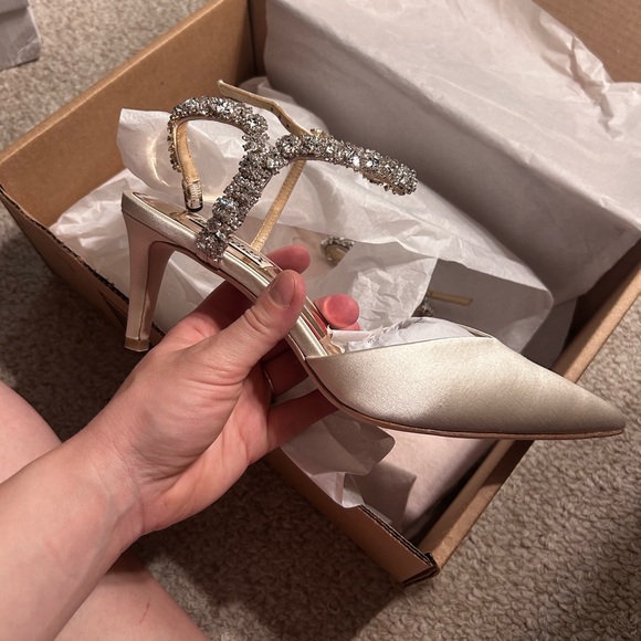 Badgley Mischka Ivory Satin Naomi Heels with Crystal Strap - Picture 2 of 6
